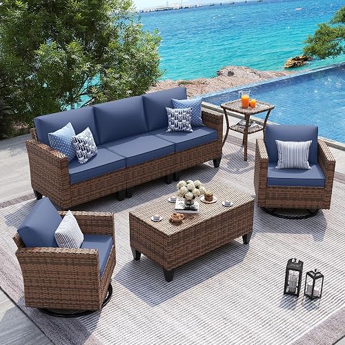 UDPATIO Patio Furniture Set with 360° Swivel Chairs, Oversized, 5pcs Navy | Outdoor Rattan Rocking Sectional Storage Coffee Table Waterproof Cover Wicker Sofa Conversation Set Backyard, Deck, Porch,
