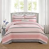 Homzard Quilts Queen Size, Cotton Comforter Set, Light Pink and Grey Queen Bed Set, Lightweight Striped Bedding, Farmhouse Bedspread All Season 3 Pieces