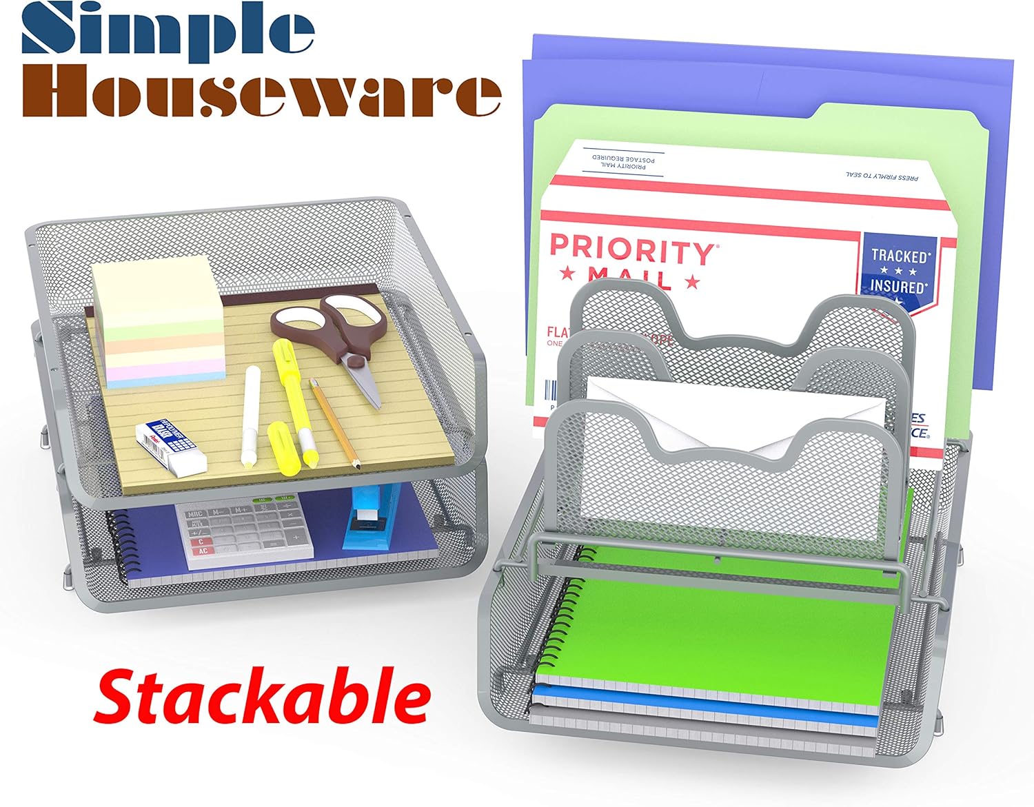 SimpleHouseware 3-Pack Stackable Desk File Document Letter Tray w/ 5 Compartments Step File Organizer, Black : Office Products