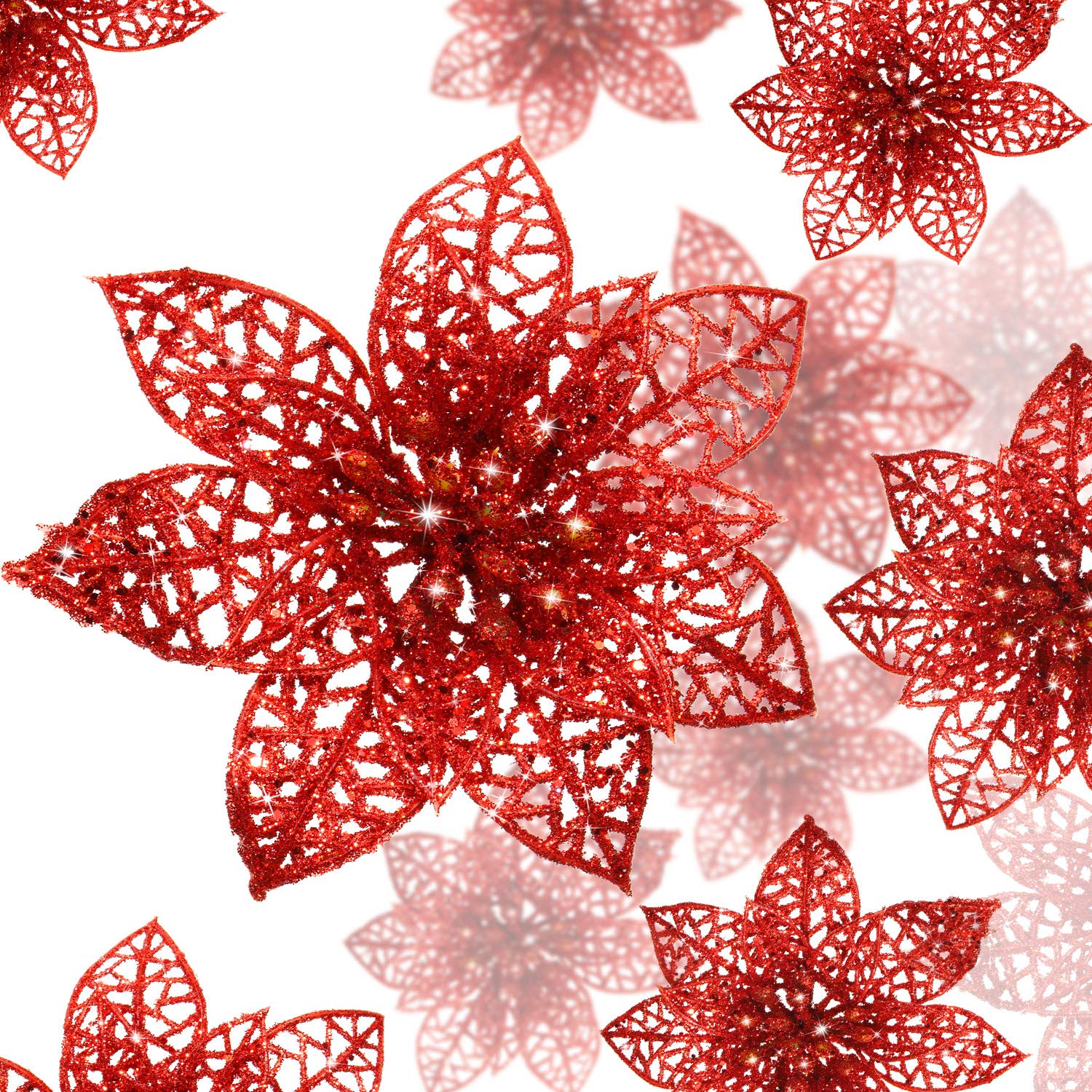 WILLBOND 36 Piece 3 Size Christmas Glitter Poinsettia Faux Wedding Flowers - Christmas & New Year Home/Outdoor Decoration (Red)