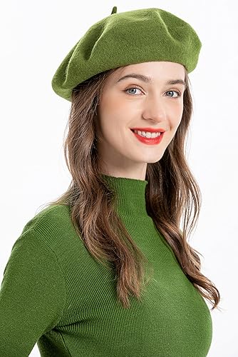 Wool Beret Hat Classic Solid Color French Beret for Women (Army Green)