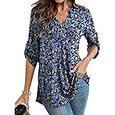 OIDUICOULD Women's Plus Size Tops 3/4 Roll Sleeve Blouses V Neck Tunic Tops