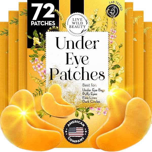 LIVE WILD BEAUTY UNDER EYE PATCHES (72 PATCHES) FOR PUFFY EYES AND DARK CIRCLES WITH PURE COLLAGEN, 24K GOLD EYE GEL PAD MASKS FOR REDUCING EYE BAGS, PUFFY DARK CIRCLES, WRINKLES, AND FINE LINES
