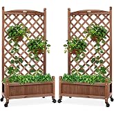 Best Choice Products Set of 2 48in Wood Planter Box &amp; Diamond Lattice Trellis, Mobile Outdoor Raised Garden Bed for Climbing Plants w/Drainage Holes, Optional Wheels - Walnut
