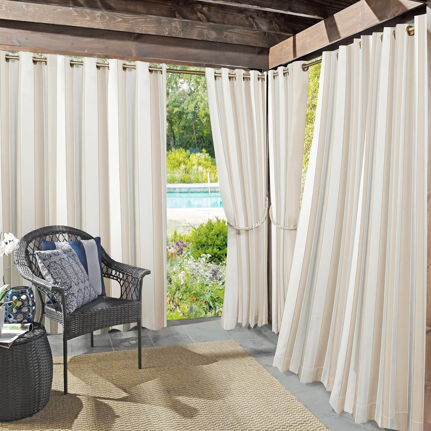 Outdoor Curtains - Sun Zero Valencia Cabana Stripe Indoor/Outdoor UV Protectant Energy Efficient Grommet Curtain Panel Pair, 54