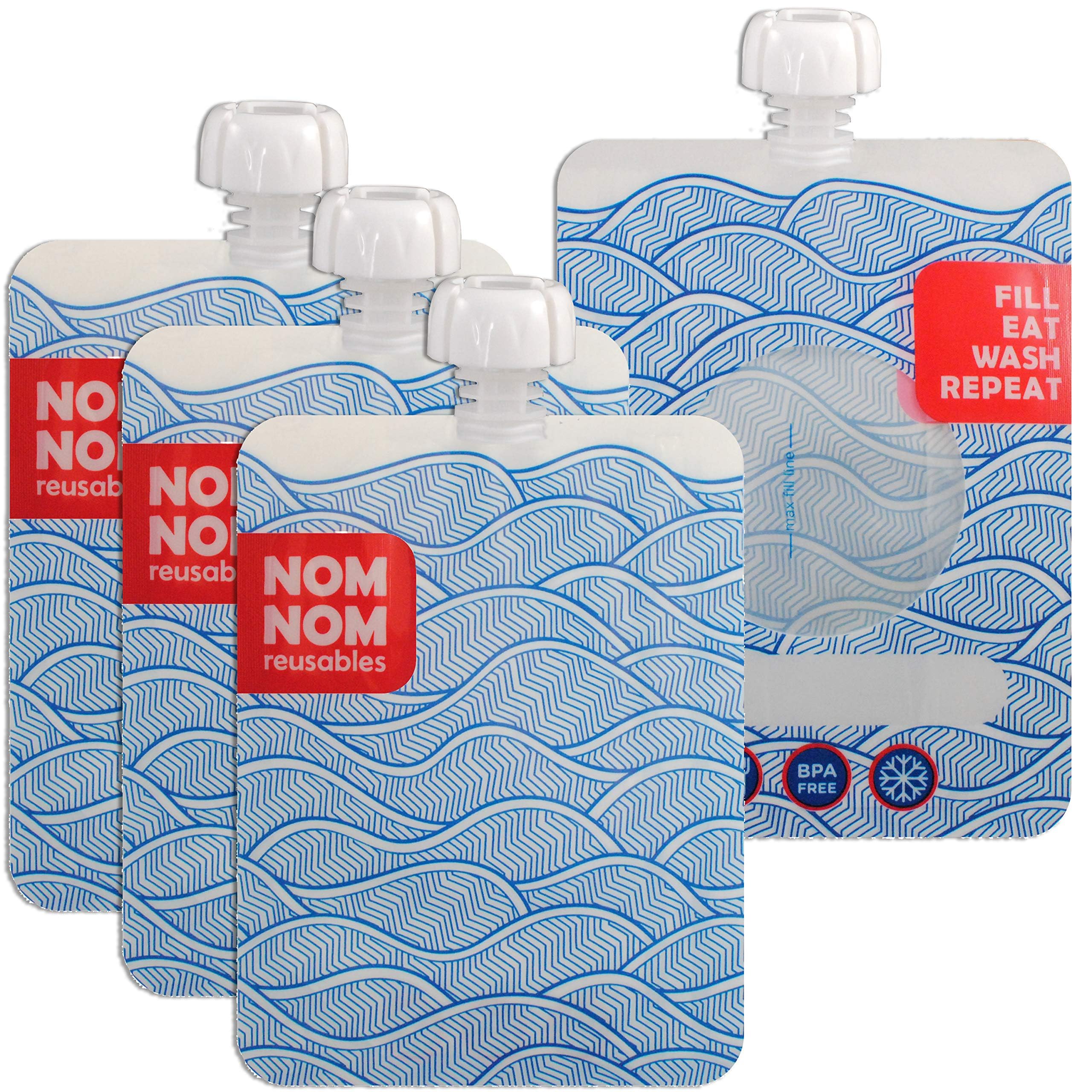 Nom Nom Kids | Reusable Smoothie Pouches | Reusable Yoghurt Pouches | Larger Capacity for Children and Teens or Adults | 250ml Squeeze Pouches x 4 | BPA Free | Side Fill | UK Designed