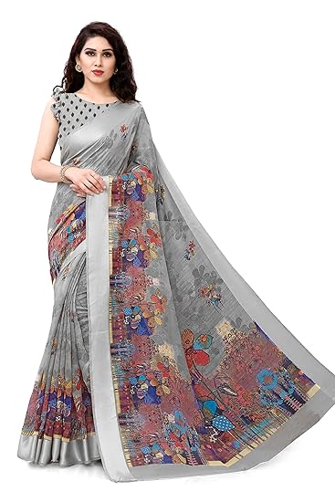 Cotton Cute Floral Prints Prints Sari For Women With Blouse Piece