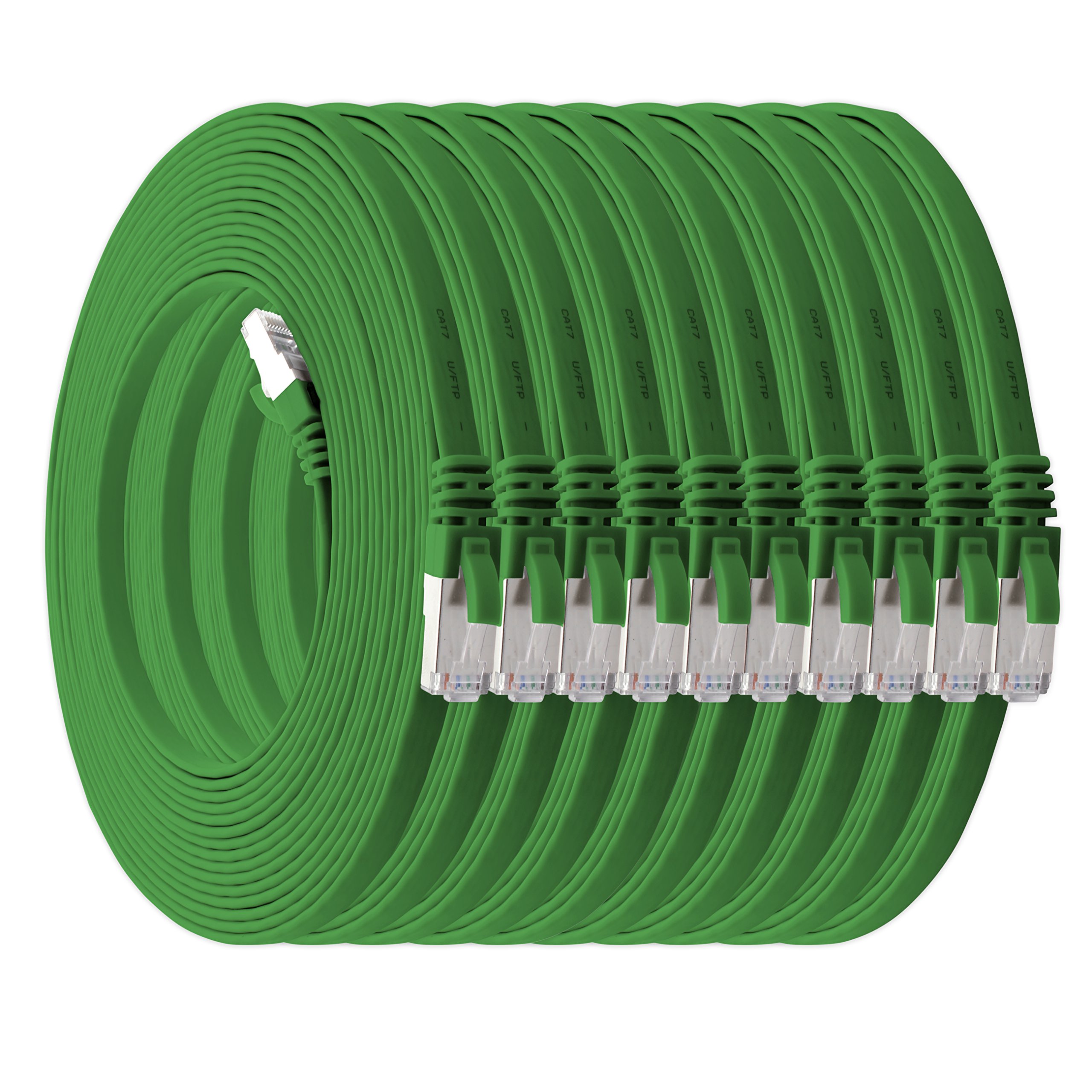 1aTTack.de 7.5 m - green - pack of 10 Cat7 flat cable network cable Cat 7 raw cable Gigabit Lan (10Gbit/s) ribbon cable installation cable patch cable flat slim Rj 45 plug Cat6a