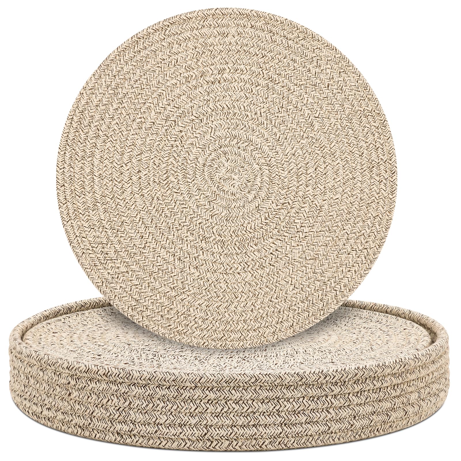 Photo 1 of Round Placemats Set of 6 with Holder, Cotton Rope Woven Place Mats, Hot Pads for Kitchen, Heat Resistant Table Mats, 13 Inch Farmhouse Washable Braided Placemat for Kitchen Decor (Brown)