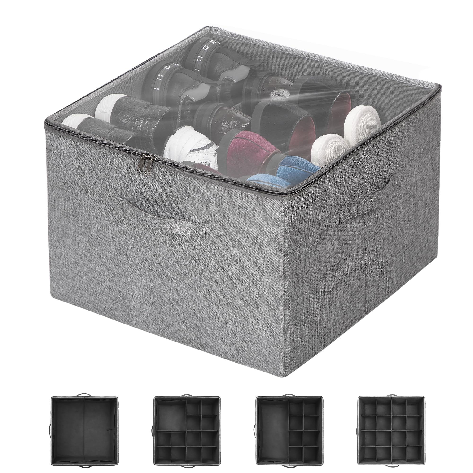 WELTRXE Shoe Organiser for Closet, Fabric Shoe Storage Box with Clear Cover and Handle, 16 Grid Adjustable Dividers for Shoe Storage, Foldable Shoe Organizer Bin, Grey, Fits up to 16 Pairs Shoes