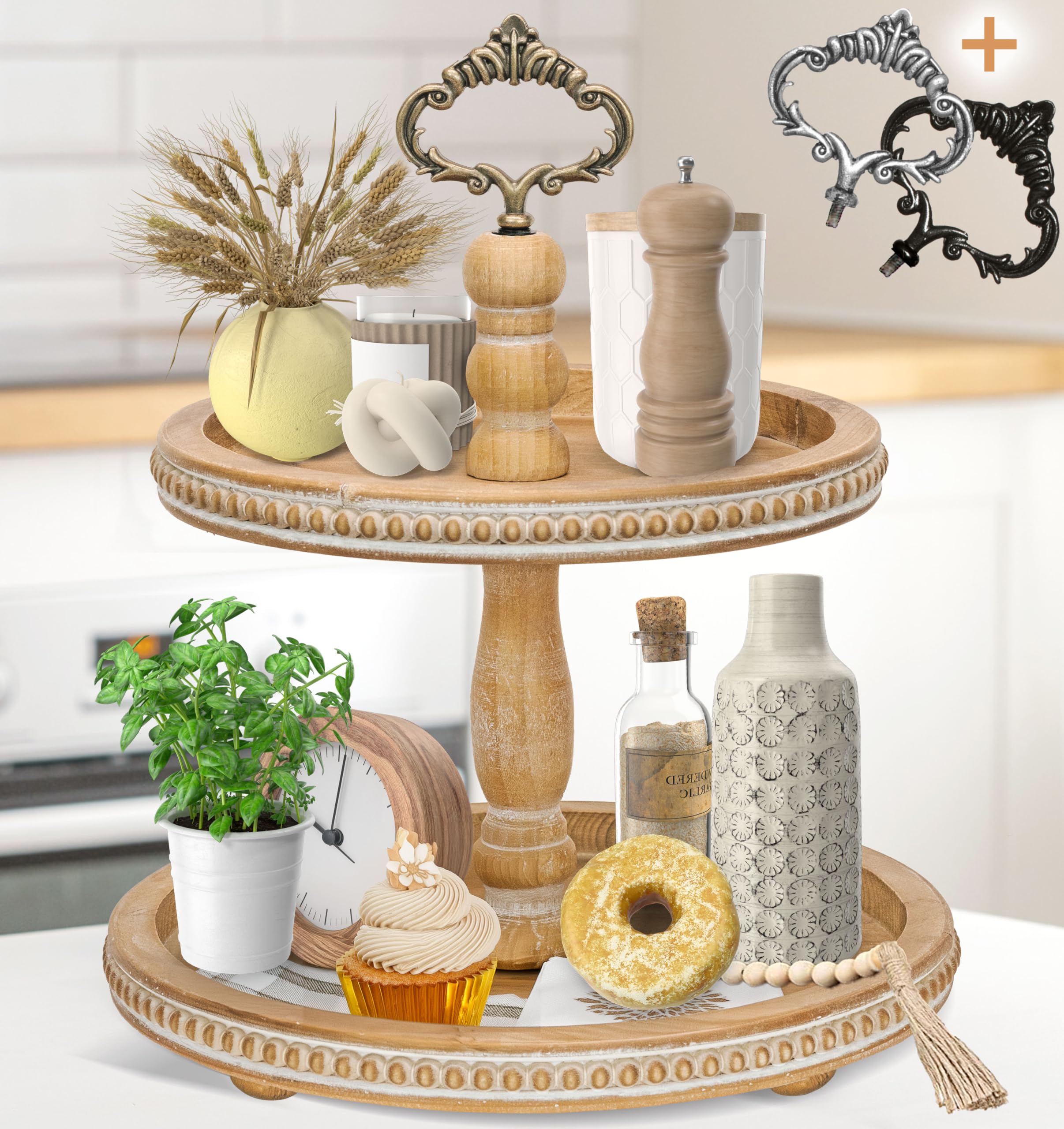Photo 1 of 2 Tiered Tray Wooden Serving Stand by Felt Creative Home Goods. Small Beaded Tray for Home Decor Display Farmhouse Country Decoration Kitchen or Dining. Includes 3 Finial Custom Handles (Brown)