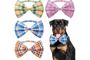 JpGdn 4PCS/Pack Plaid Dog Bowties with Adjustable Collar for Medium Large Extra Large XXL Breed Dog Girl Boy 7x5Inch Neck Bow