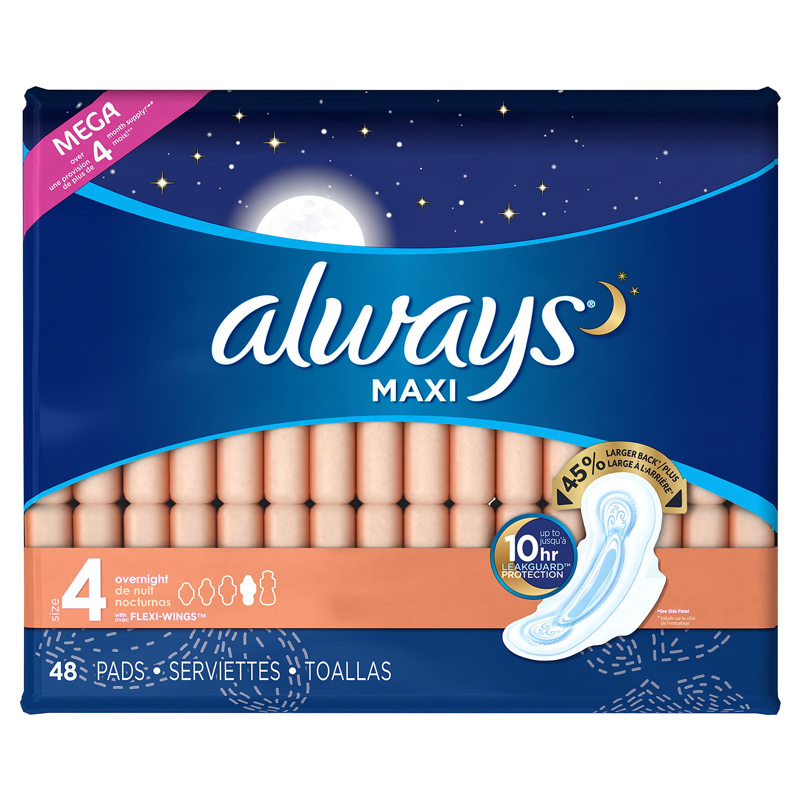 Always Maxi Size 4 Overnight Feminine Pads with Wings, Unscented, 48 ...