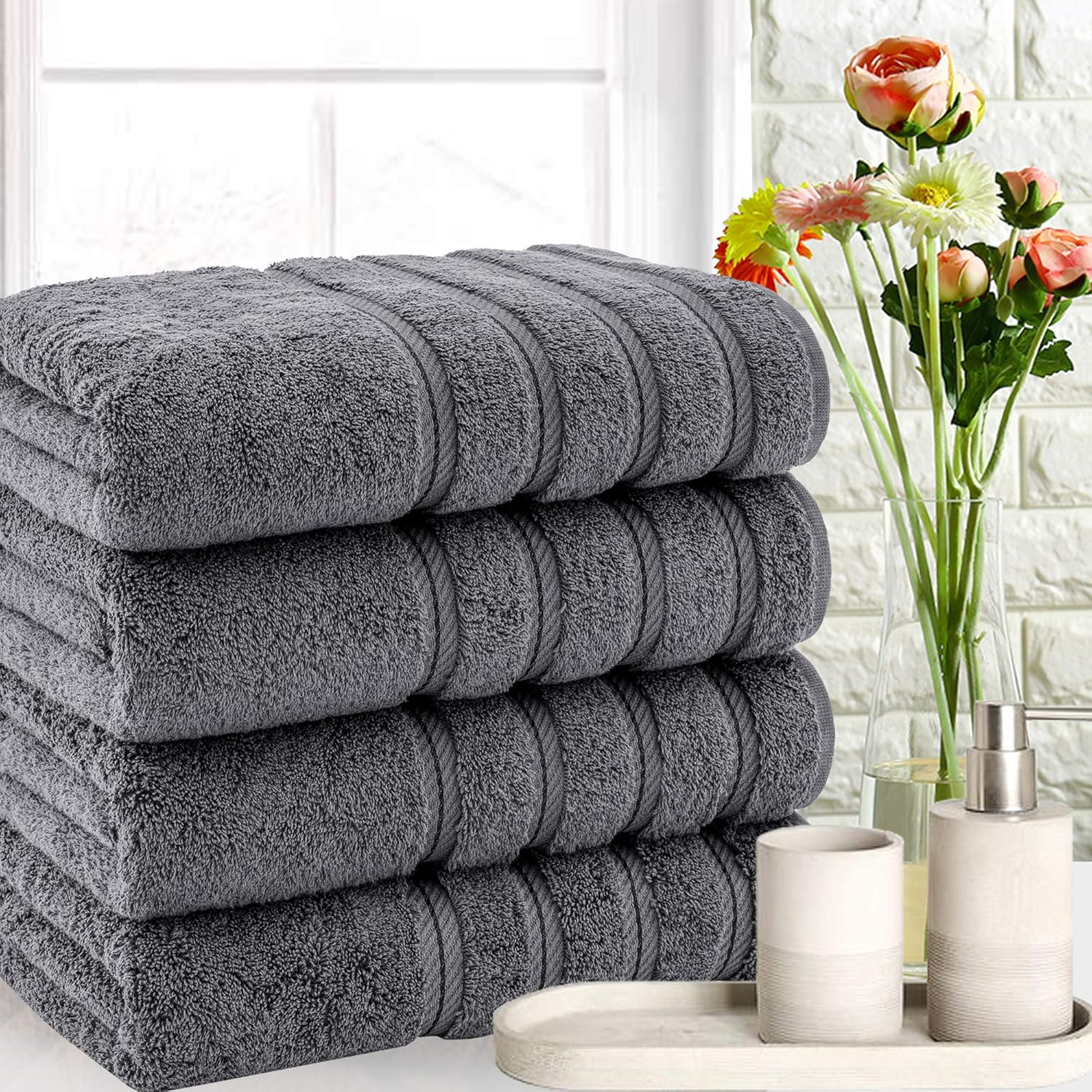 American Soft Linen Premium, 100% Turkish Genuine Cotton Towel Set Luxury Hotel & Spa Quality for Maximum Softness & Absorbency (4-Piece Bath Towel Set, Grey): Kitchen & Dining