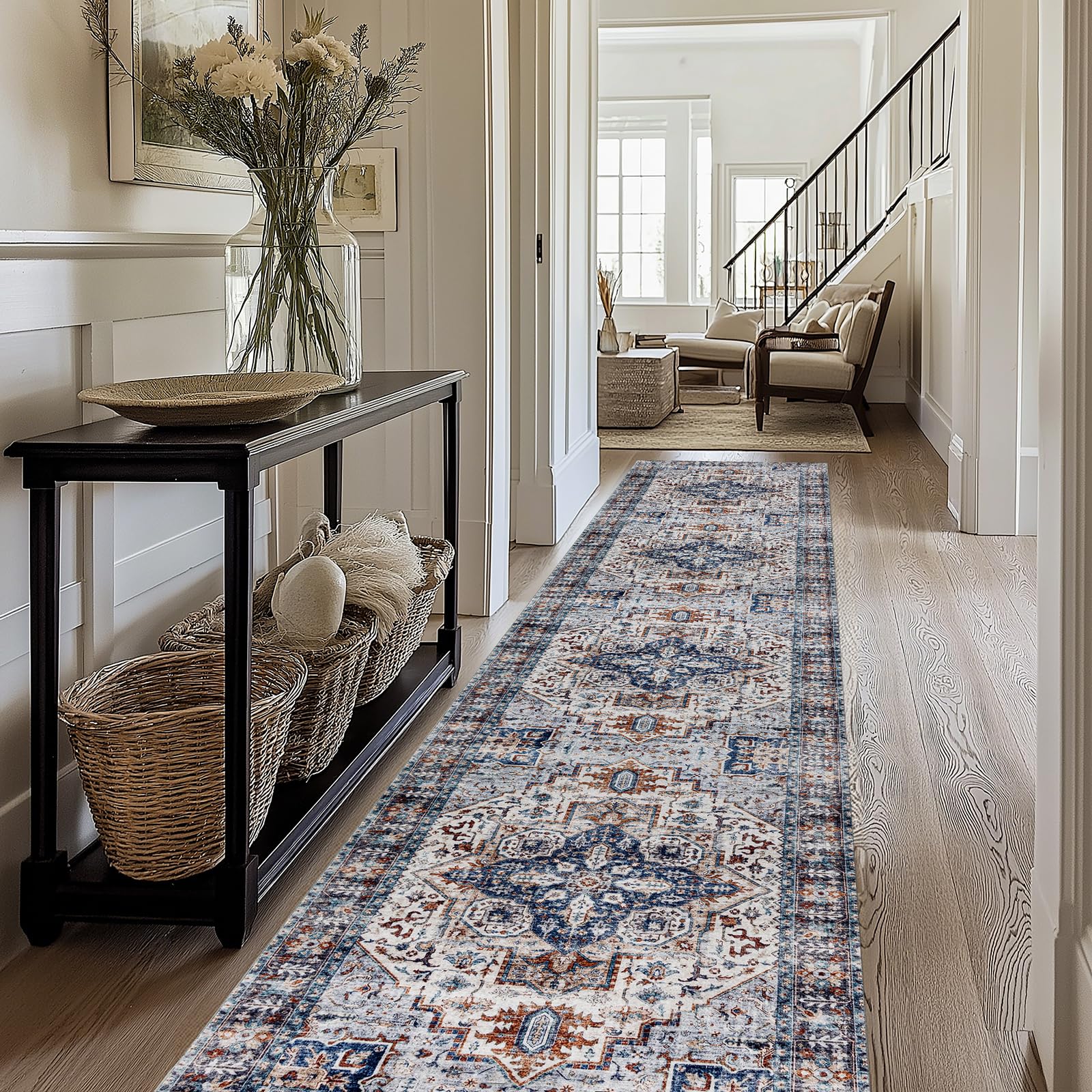 Photo 1 of 3x14 Hallway Washable Runner Rug : Vintage Soft Kitchen Bathroom Laundry Runner Non Slip Backing Farmhouse Entryway Floor Mat Stain Resistant Carpet for Bedroom Living Room Distressd Beside Rug(Blue)