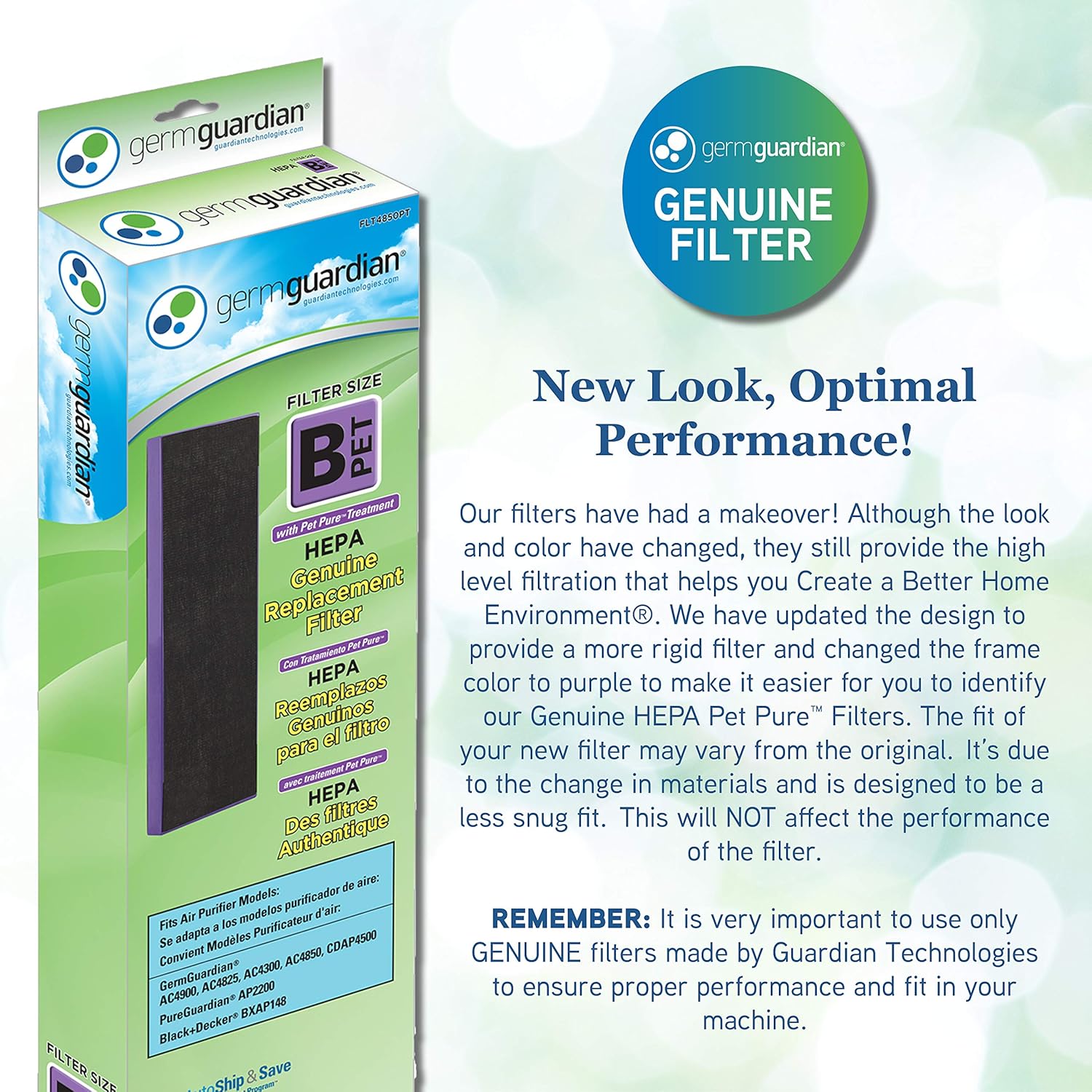Germ Guardian FLT4850PT True HEPA Genuine Air Purifier Replacement Filter B, with Pet Pure Treatment for GermGuardian AC4900, AC4825, AC4850PT, CDAP4500, AC4300, and More, 1 Count (Pack of 1): Health & Personal Care