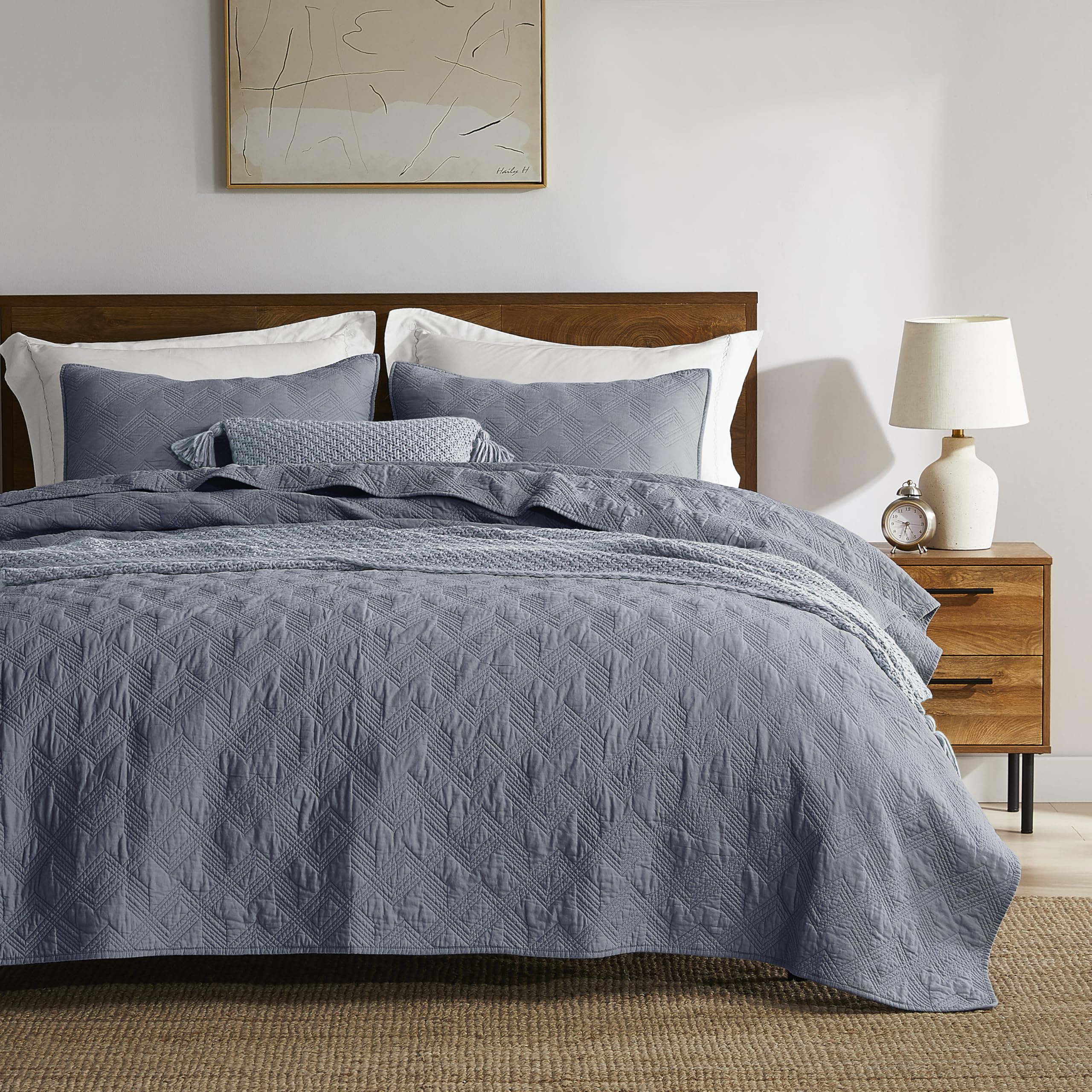 Photo 1 of WDCOZY Blue Grey 100% Cotton Quilt Bedding Sets King Size with 2 Pillow Shams, Shabby Chic Rustic Textured Gauze Lightweight Country Soft Bedspread Coverlet for All Season, 3 Pieces, 106x96 inches