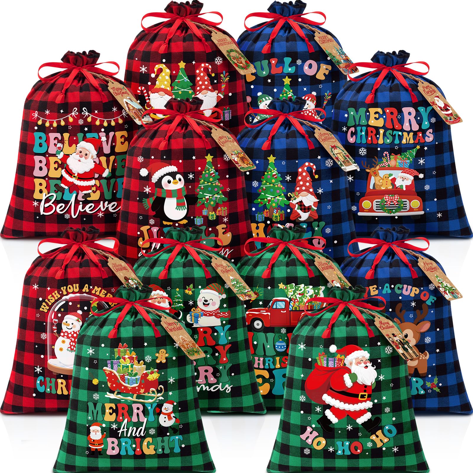 Photo 1 of 12 PCS Burlap Christmas Drawstring Gift Bags, 12x16in Buffalo Plaid Xmas Gift Bags w/Tags, Cotton Fabric Goody Gifts Treat Bag Xmas Sacks Large Reusable Gifts Wrapping Bag for Holiday Party Favors