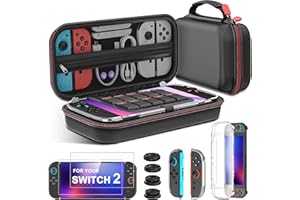 AIFASTERFLY Switch 2 Case for Nintendo Switch 2 (2025)/Switch/OLED, with 4-in-1 Accessories Bundle Kit for Nintendo Switch 2, 3X Transparent Protective Cover+2X Screen Protectors+4X Thumb Caps, Accessories Set with Carrying Case for Switch
