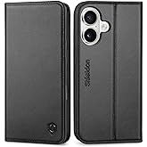 SHIELDON Wallet Case for iPhone 16 5G 2024, Genuine Leather RFID Blocking Credit Card Holder Folio Magnetic Kickstand Shock-Absorbent Protective Phone Case Compatible with iPhone 16 6.1" - Black