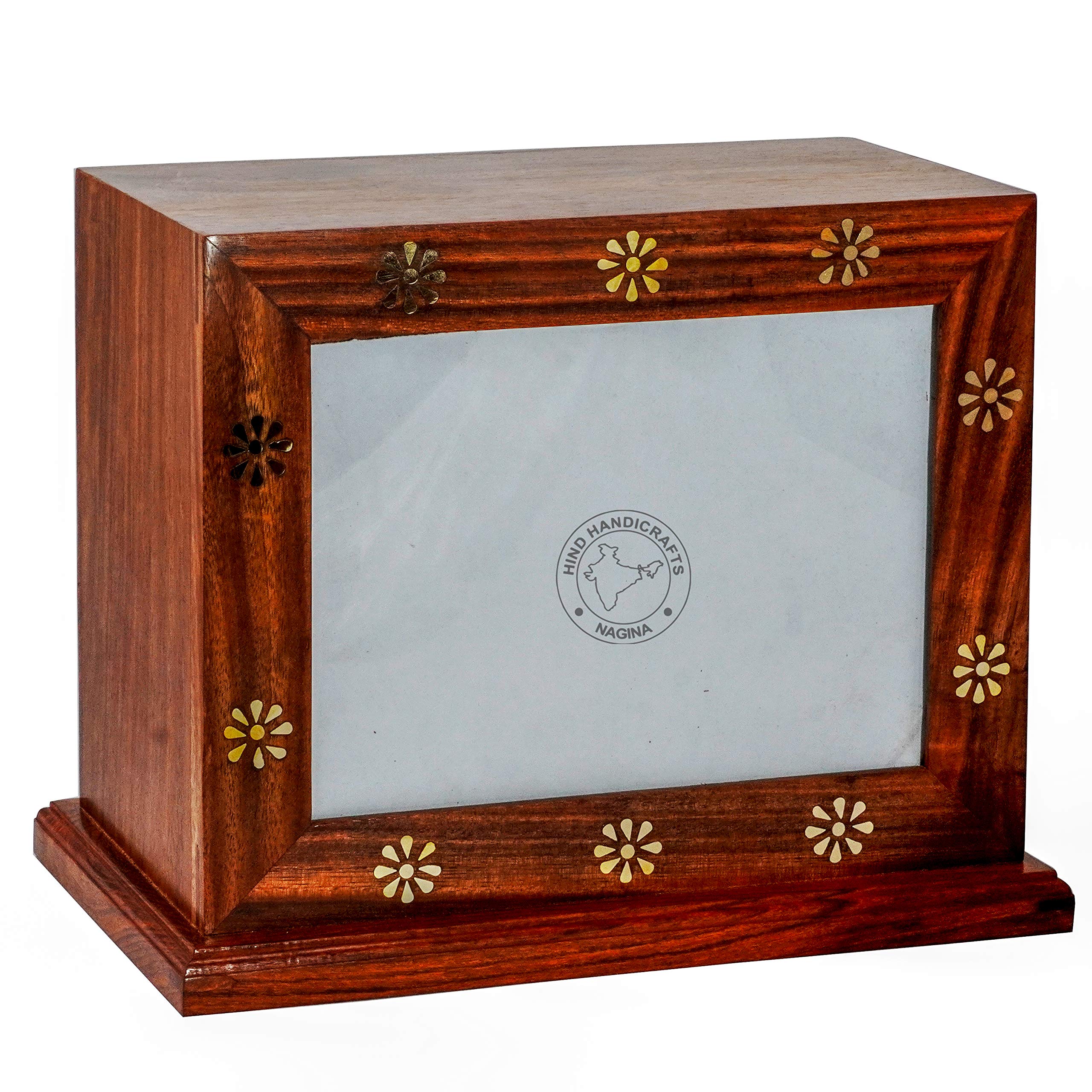 Hind Handicrafts Rosewood Brass Flower Inlaid Wooden Cremation Urns for Human Ashes Adult - Handcrafted Photo Funeral Memorial Ashes Urn - Large Columbarium Urn