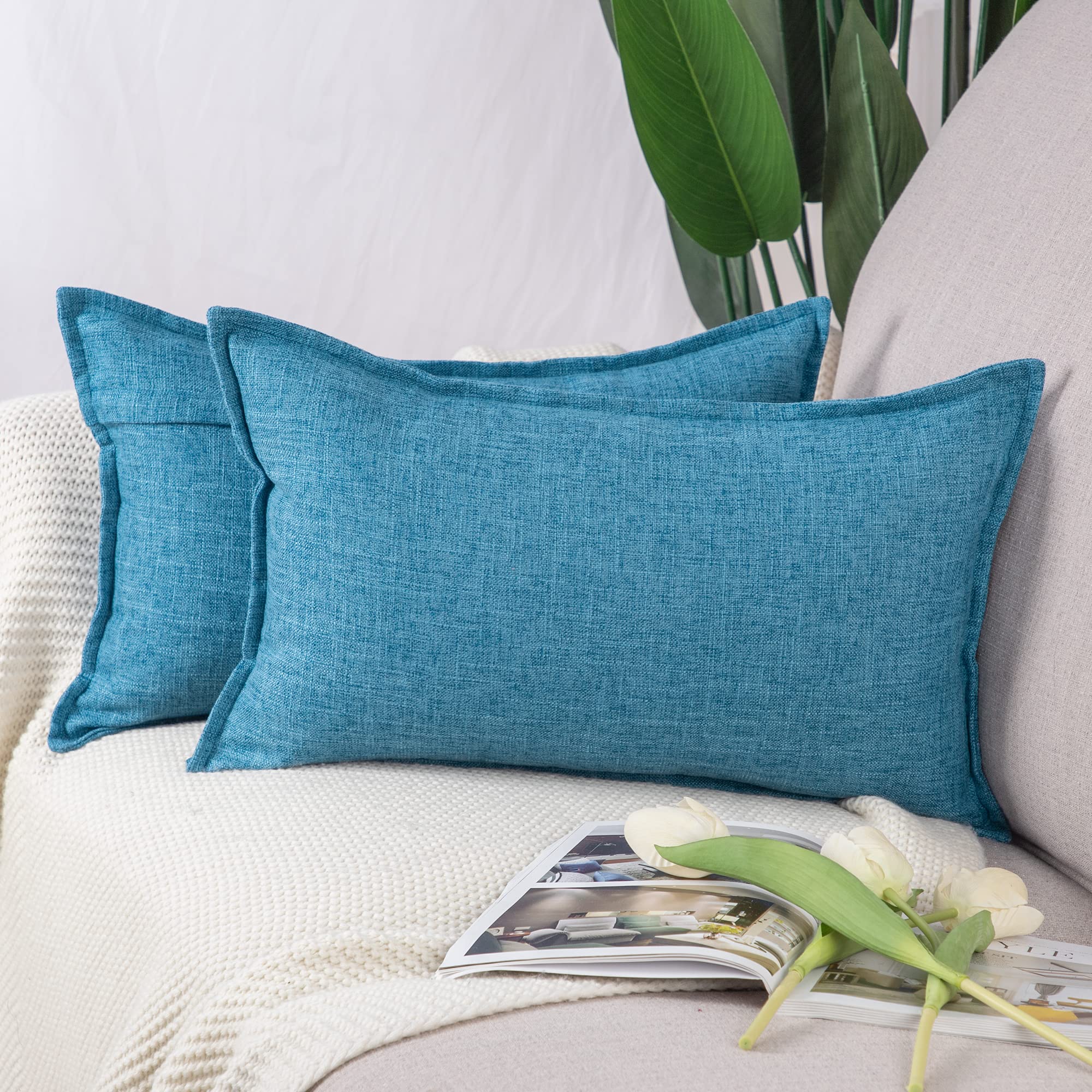 Madizz Set of 2 Faux Linen Cushion Covers 16x16 inch, 40x40 cm, Blue Soft Decorative Couch Pillows for Bed Pillowcases for Sofa Livingroom Home Decor