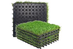 GOLDEN MOON Artificial Grass Turf Tile Interlocking Self-draining Mat, 1x1 ft, 1.5 in Pile Height, 6 Pack