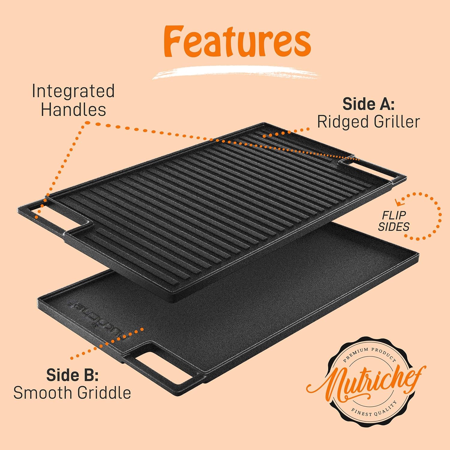 NutriChef Cast Iron Reversible Grill Plate - 18 Inch Flat Cast Iron Skillet Griddle Pan For Stove Top, Gas Range Grilling Pan w/ Silicone Oven Mitt For Electric Stovetop, Ceramic, Induction.: Kitchen & Dining