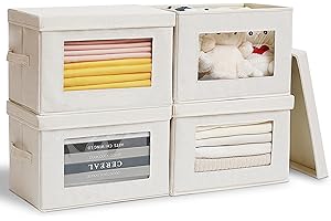 ITYLIFE CITYLIFE Citylife 4-Pack Storage Bins with Lids, Fabric Foldable Storage Bins with Soft Cord Handles, Cube Closet Storage Baskets with Lids, Organizers for Organizing Clothes and Books, Beige