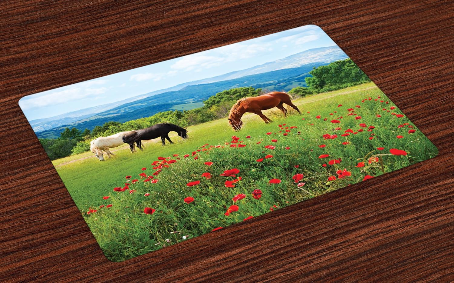 Ambesonne Horses Place Mats Set of 4, Various Kinds of Horses Eating Grass in Field Mountain Landscape Rural Scene Print, Washable Fabric Placemats for Dining Room Kitchen Table Decor, Green Red
