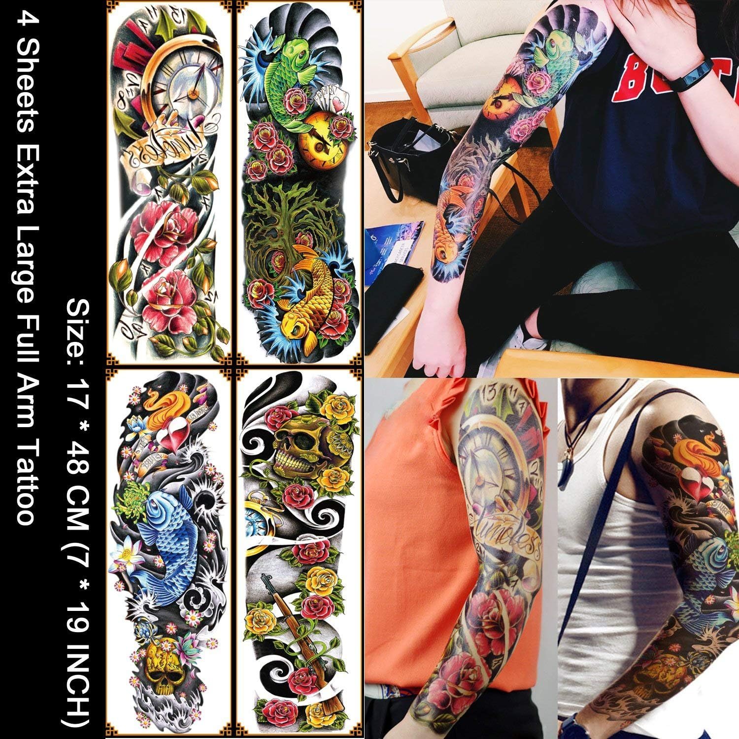 Kotbs 4 Sheets Extra Large Full Arm Temporary Tattoo Waterproof Tattoos Sticker for Men Women Makeup Body Art Fake Tattoo Sleeves Designs