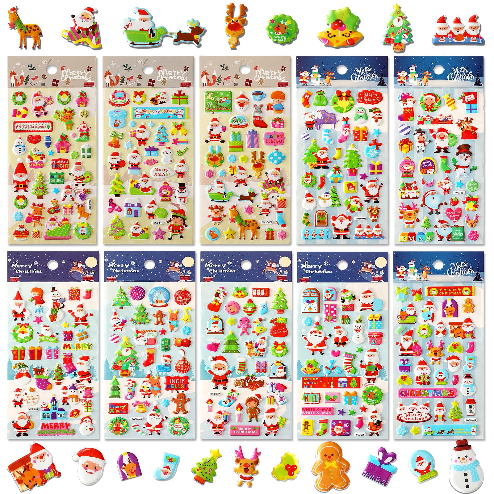 UPINS Christmas Stickers for Kids, 10 Sheets Holiday 3D Puffy Foam Decals - Cute Snowman, Reindeer, Tree, Santa for Party Favors, Scrapbooking, DIY Crafts