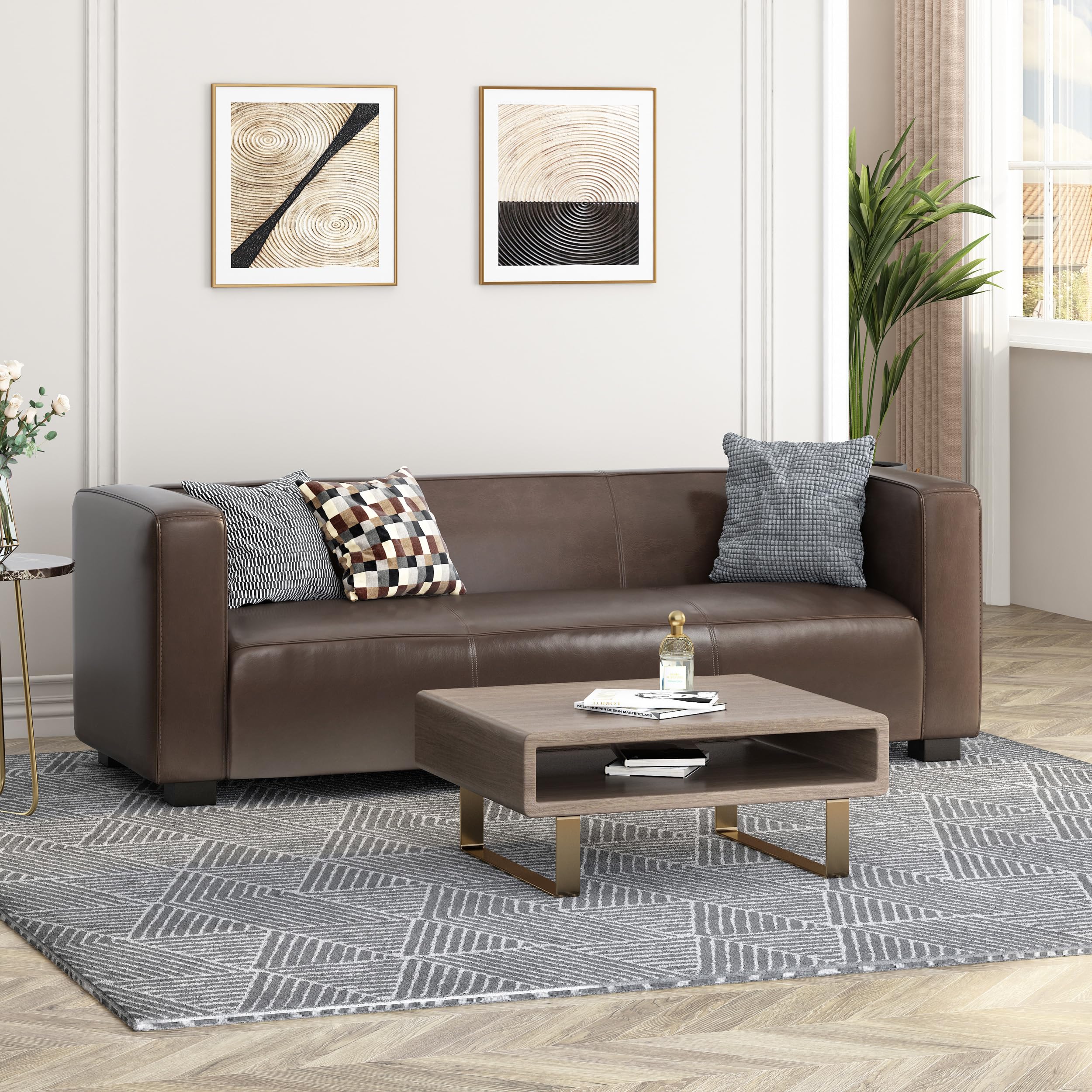 Photo 1 of Merax Mid Century Modern 3 Seater Sofa with Birch Wood Legs, 80" Wide Smooth Upholstered Couch for Living Room, Apartment, Dark Brown