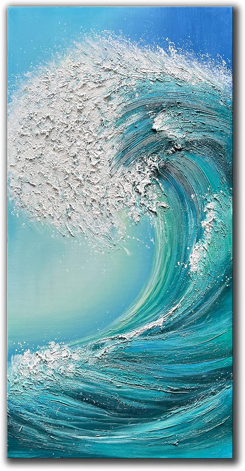 Paintings - JELRINR Sea Waves Large Canvas Wall Art Oil Painting On Canvas Texture Blue Seascape Abstract Art paintings Hand painted Acrylic paintings Living Room Bedroom Home Decorations Modern Seascape Artwork 24x48inch