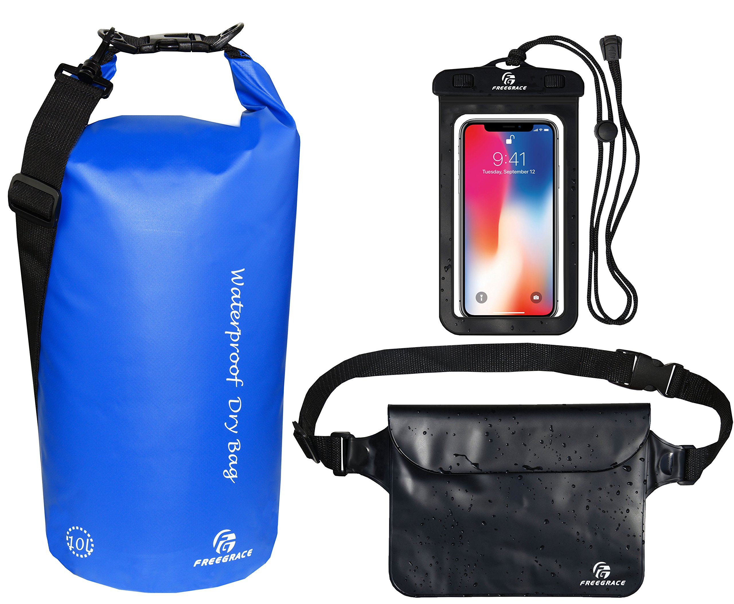 Photo 1 of Freegrace Waterproof Dry Bags Set of 3 Dry Bag with 2 Zip Lock Seals & Detachable Shoulder Strap, Waist Pouch & Phone Case - Can Be Submerged Into Water - for Swimming (Navy Blue, 10L)