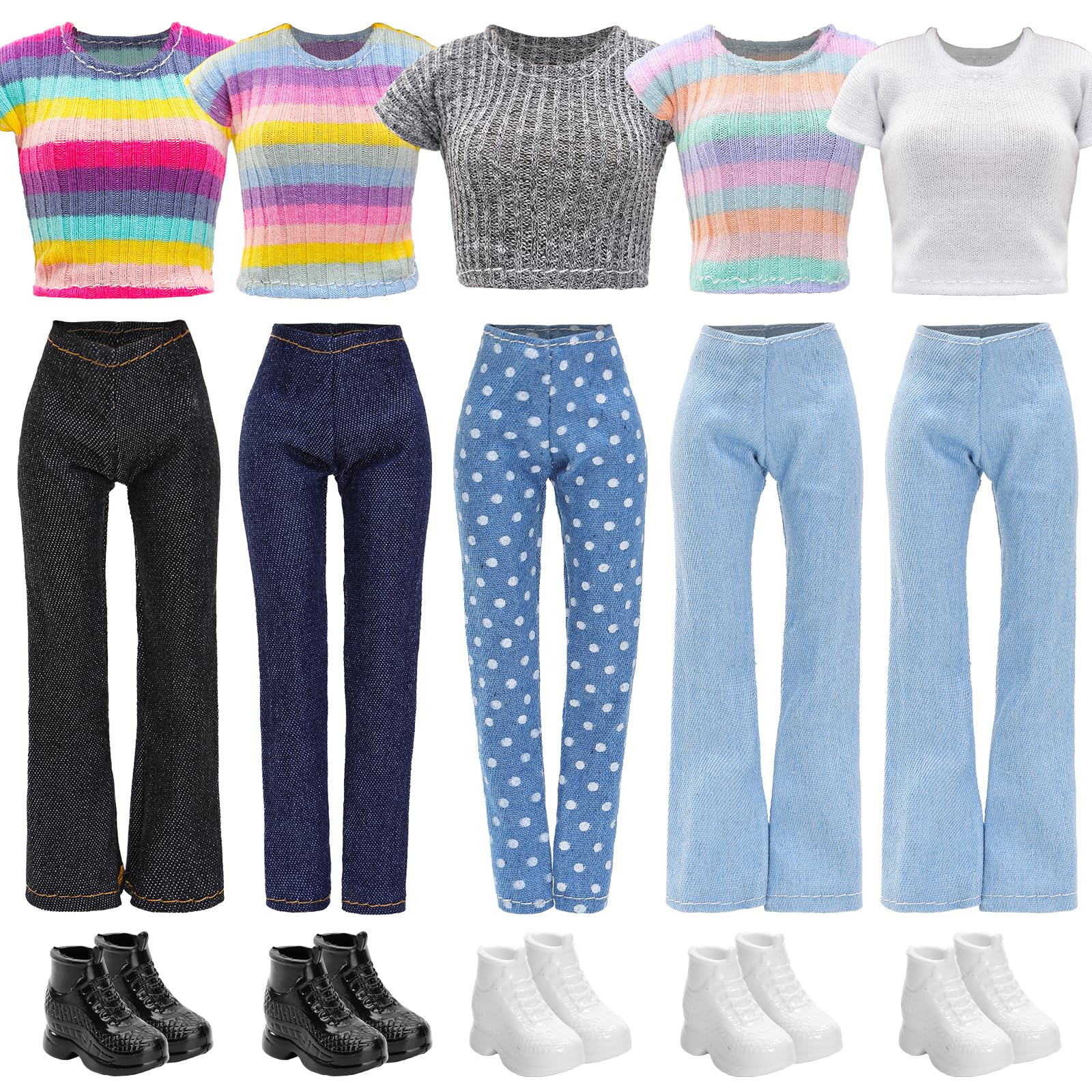 Miunana 15 Pcs Doll Casual Clothes and Accessories 5 Tops 5 Pants Fashion Outfits 5 Flat Shoes for 11.5 inch/30cm Girl Dolls Party Birthday (DOLL IS NOT INCLUDED)