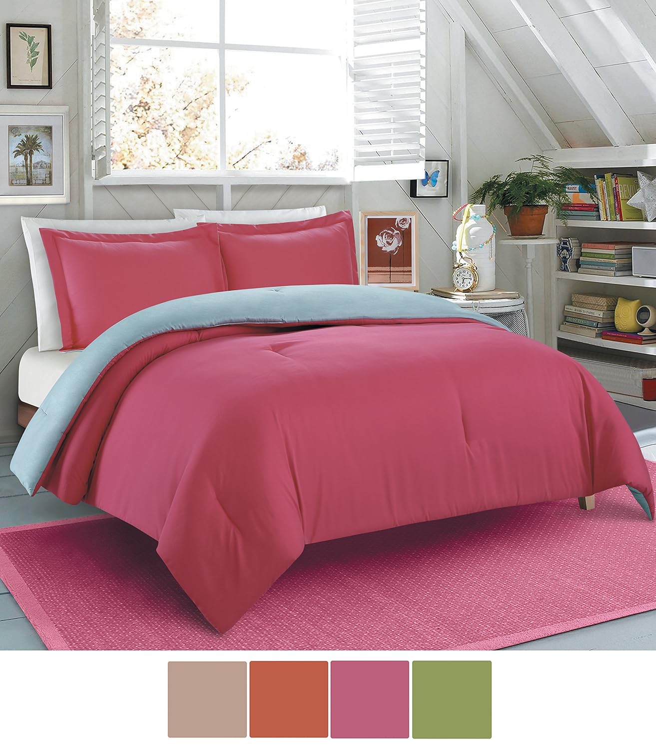 NC Home Fashions Solid Color Microfiber Reversible Comforter set, Pink Yarow/Ether