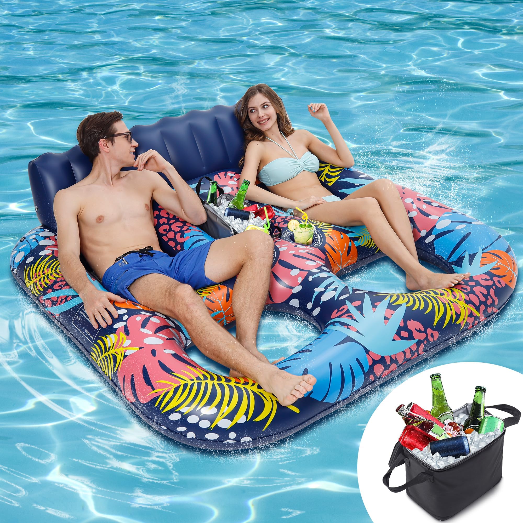 Photo 1 of 2-Person Inflatable Pool Floats Adult Heavy Duty, 71" x 61" Pool Lounger Float with Cup Holders & Backrest & Removable Insulated Cooler, Thickened Swimming Raft for Pool Party, Lake, Beach, River