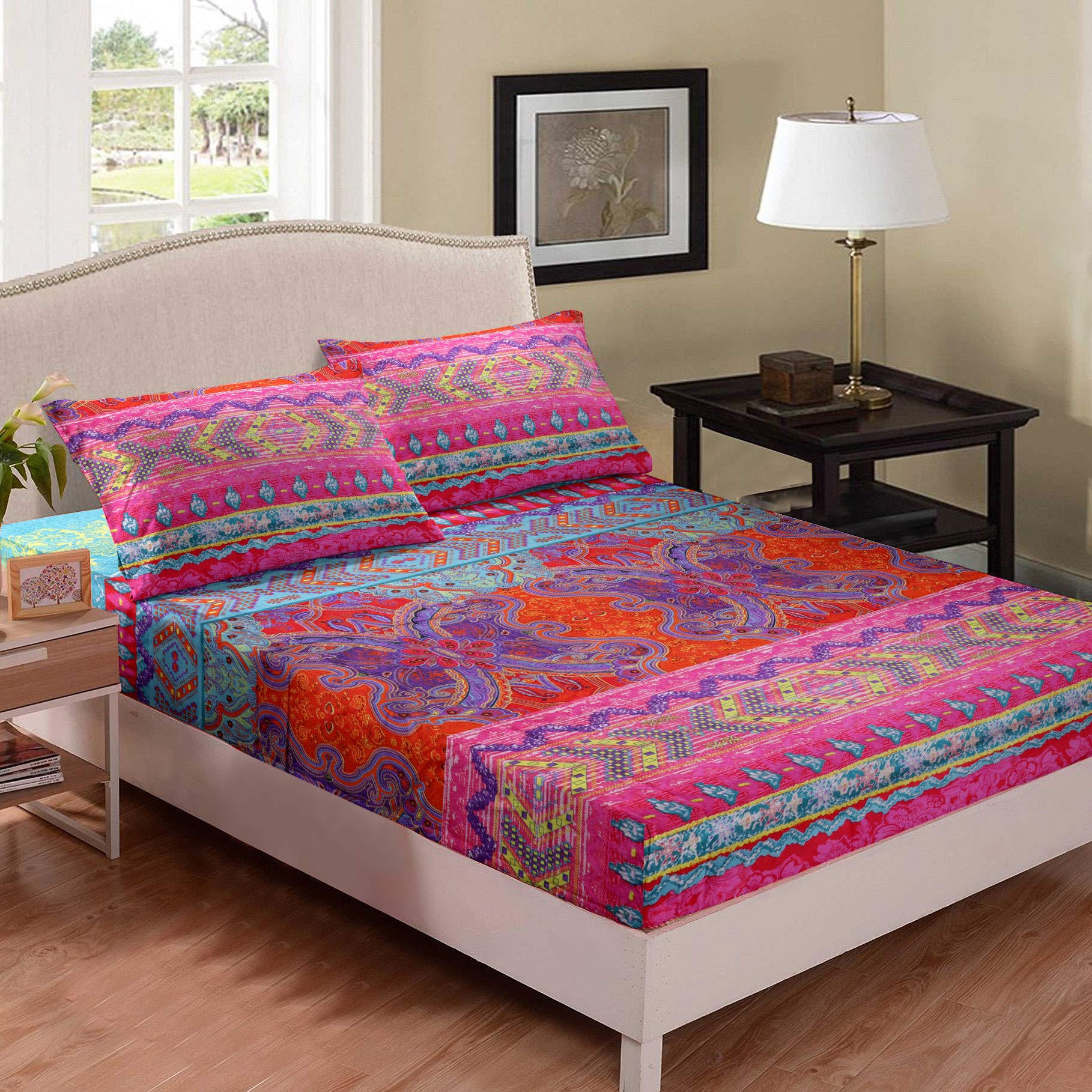 Loussiesd Boho Sheet Set Super King Bohemian Bed Sheets Set 3 Piece Super Soft Microfiber Colorful Tribal Striped Sheets Deep Pocket Boho Fitted Sheet + Retro Decor 2 Pillow shams Adult Kids Luxury