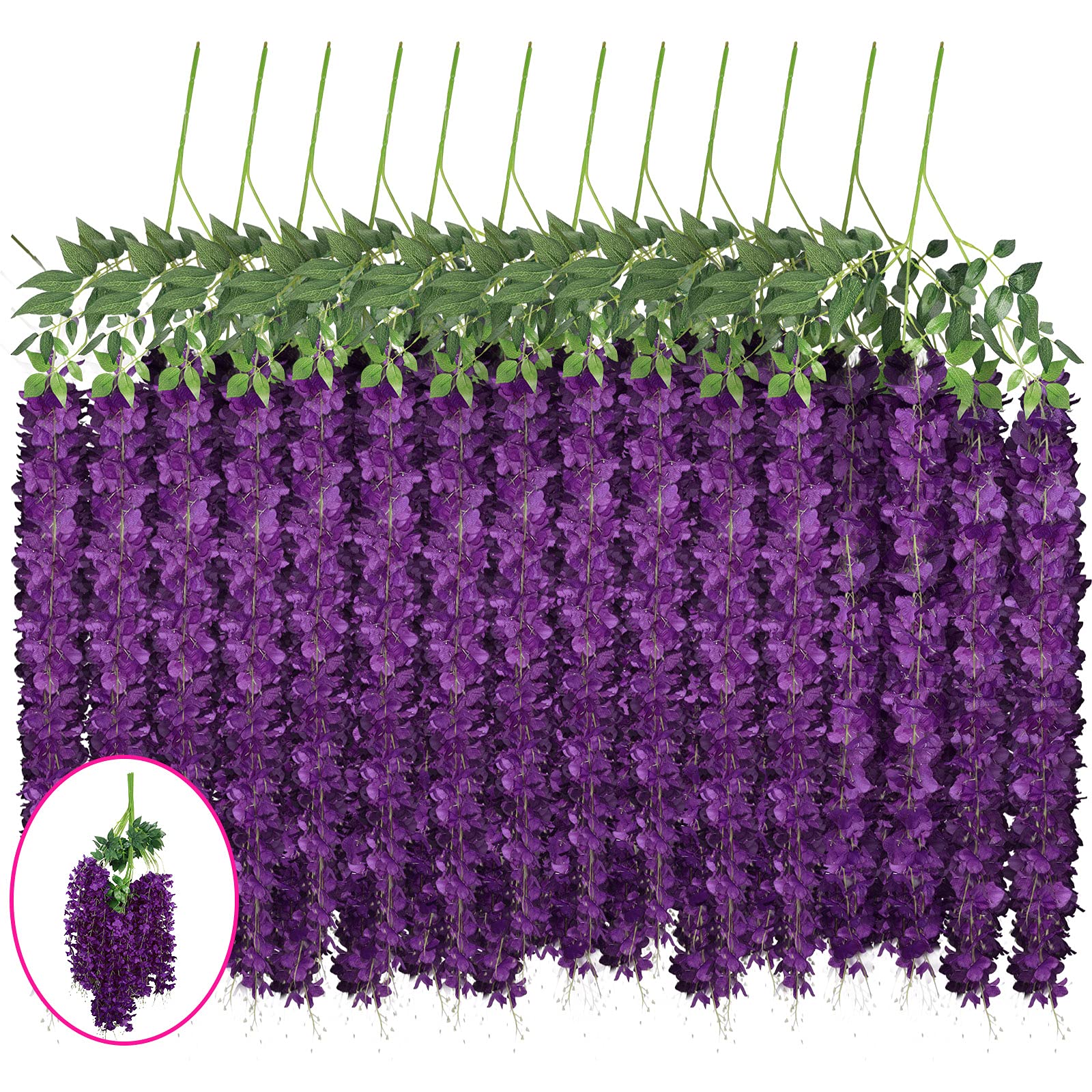 12 Pieces Artificial Wisteria Flowers 3.6 Feet Wisteria Vine Ratta Hanging Flower Long Silk Hanging Bush Flowers for Home Party Outdoor Ceremony Wedding Arch Floral Decor (Purple)
