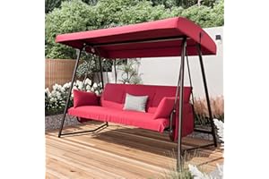 CHINNLUU 3 to 4 Seat Porch Swing, 2-in-1 Outdoor Swing Bed with Adjustable Backrest Canopy 800 lbs Capacity Patio Swing Chair with Stand Cushions Pillows for Backyard Garden Poolside (Burgundy)