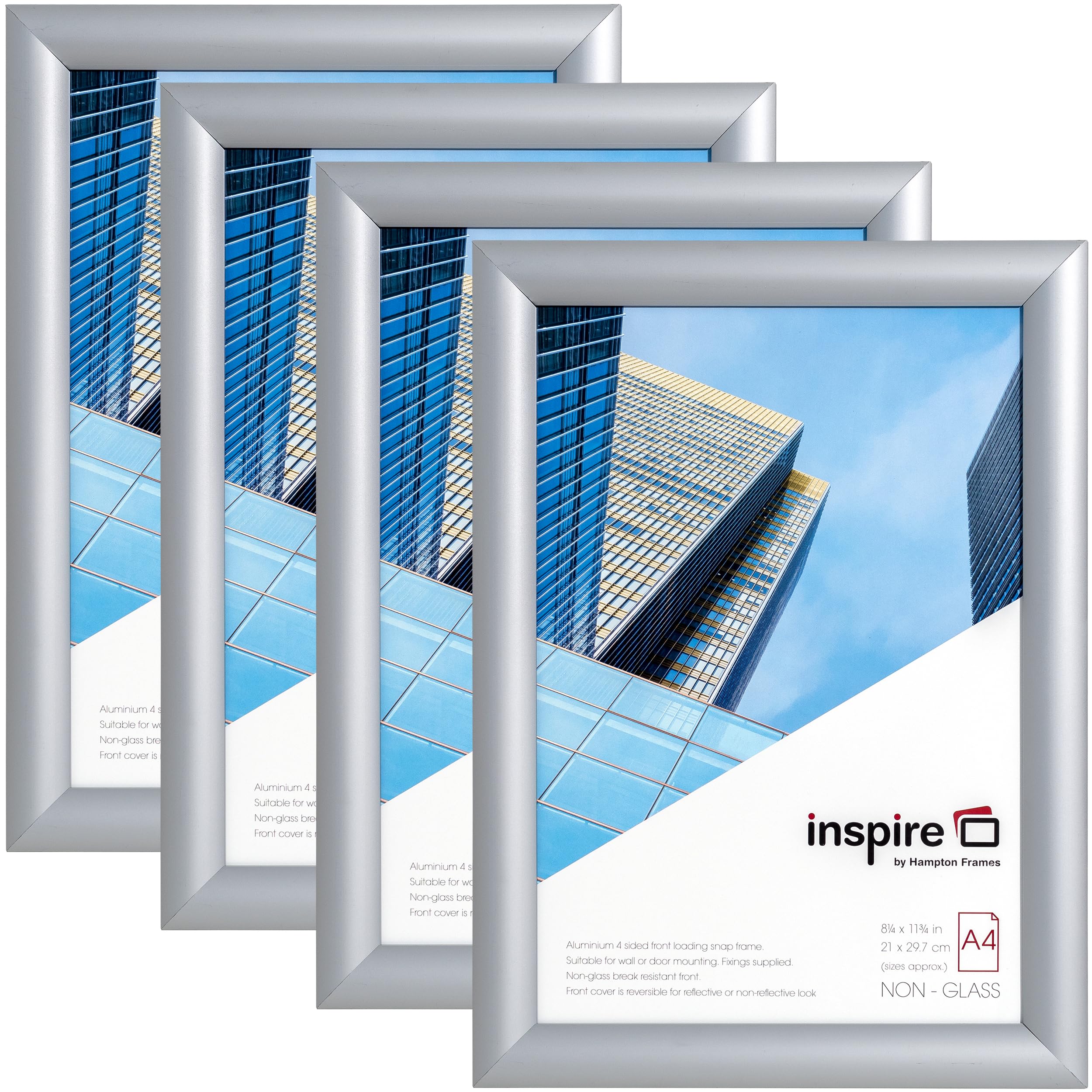inspire by Hampton Frames | Snap Frame Pack of 4 | A4 (21x30cm), Silver, Rectangular, Acrylic Front | Easy Change, Wall Mountable, Lightweight | Display Posters, Photos