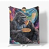 Gorilla Blanket Warm Plush Flannel Funny Space Gorillas Pizza Throw Blanket Super Soft Fleece Cozy Fuzzy Gorilla Stuffed Blanket Gifts for Kids Teens Adults Room Decor 40"X50"