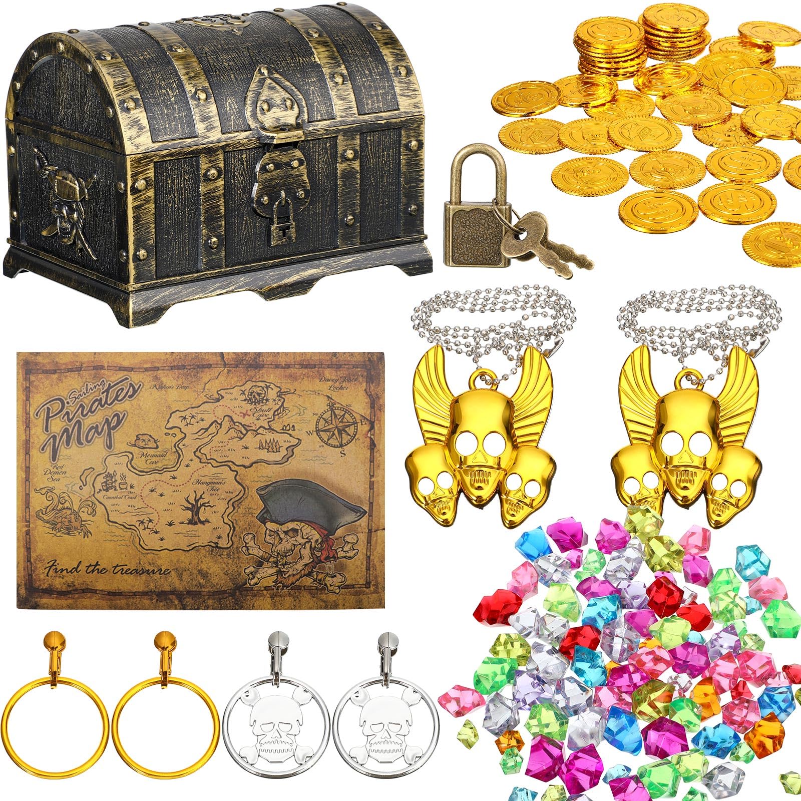 Enhon 147 Pieces Pirate Treasure Chest Toy Box with Lock and 1 Treasure Map 100 Colorful Gems 40 Pirate Coins 4 Earrings 2 Skeleton Necklaces for Halloween Themed Party Favors(Vintage Style)
