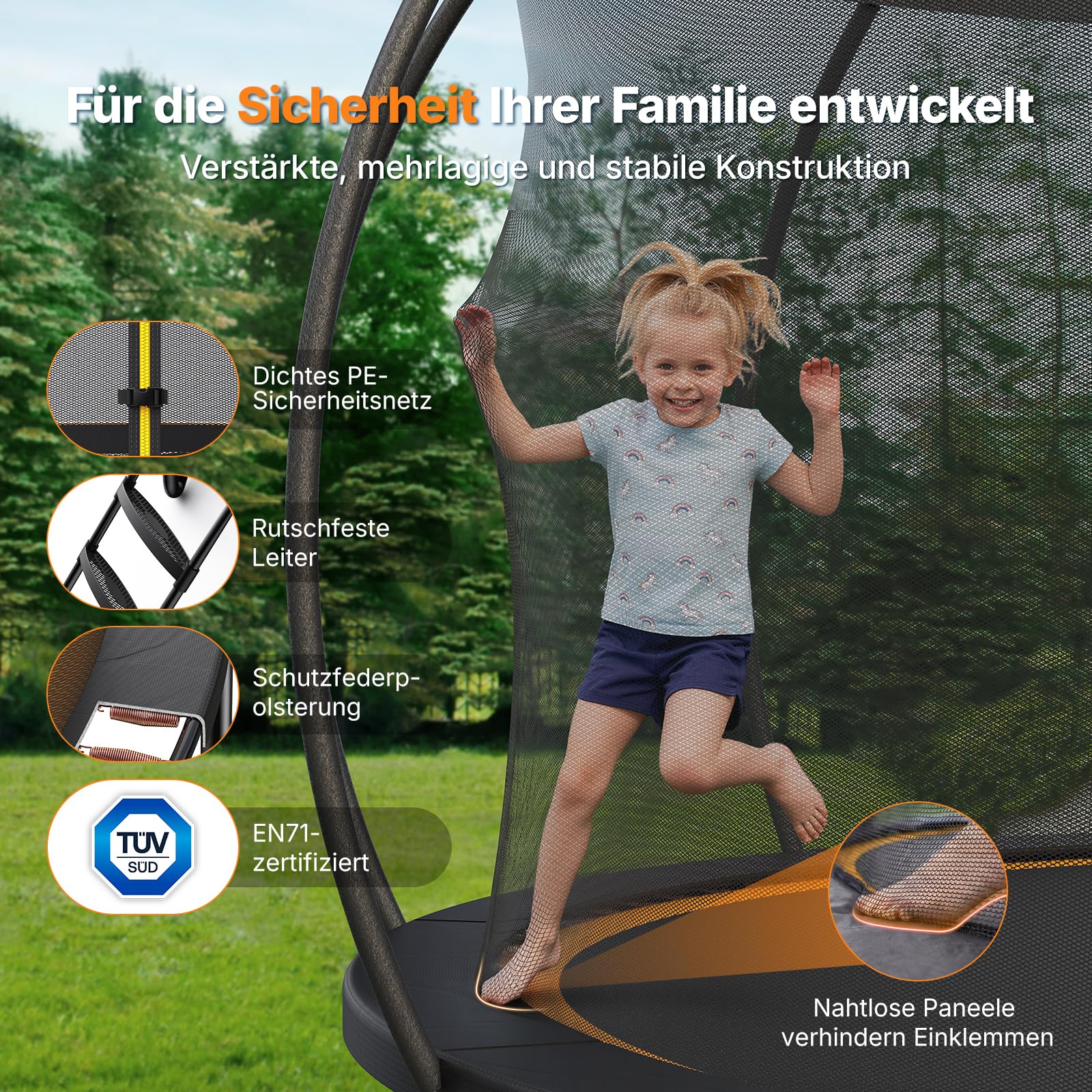 MERACH Trampolin Outdoor 305cm/366cm/427cm/488cm, Trampolin Sicherheitsnetz und Basketball, MaxLoad 150KG Bodentrampolin Outdoor Gartentrampolin 3