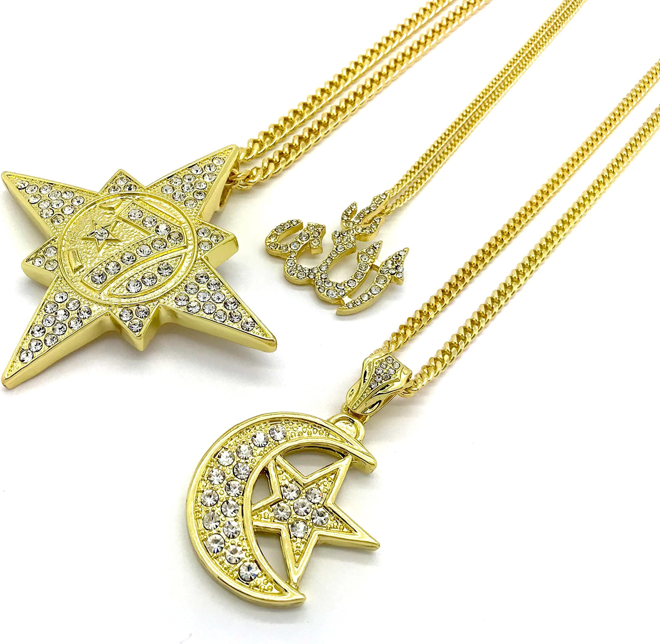 Mens Muslim Islam Moon 7 Star Five Percenter, Allah, WE The Best Pendant Cuban Chain Necklace Set