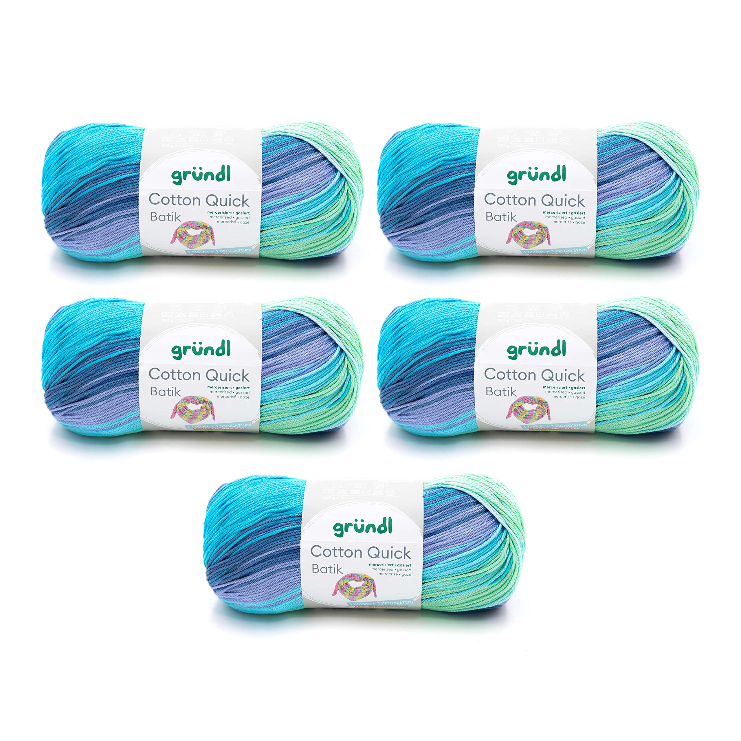 Gründl Wool Cotton Quick Batik - Thin Wool for Crochet with Colour Gradient - Knitting Yarn - Shiny and Skin Friendly - 100% Cotton - 5 Balls 100 g / 260 m - Needle Size 3-4 - Blue/Purple/Green
