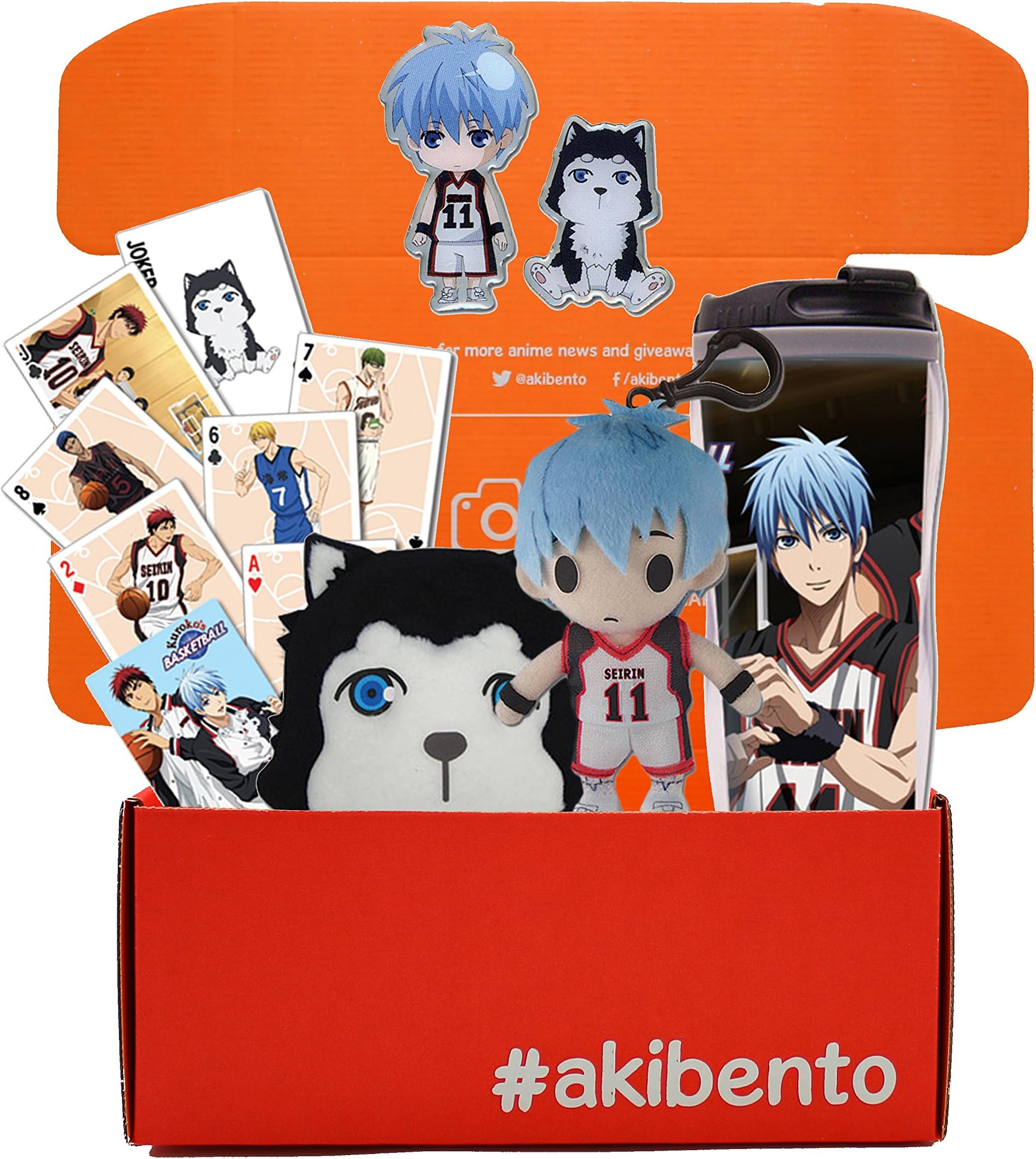 Akibento Exclusive Kuroko's Basketball Bundle Box (Kuroko's Basketball SD Kuroko Plush Keychain, Tetsuya #2 Coin Purse, Group #1 Tumbler, Playing Cards, Kuroko and Tetsuya #2 SD Metal Pin)