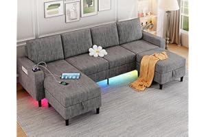 HYZQ Sectional Couches for Living Room, 4 Seat Linen Sectional Sofa with Reversible Chaise Lounge/Storage Ottoman, U Shaped Couch with Smart Module-Wireless Charging/USB/Type-C/RGB Light (Light Grey)