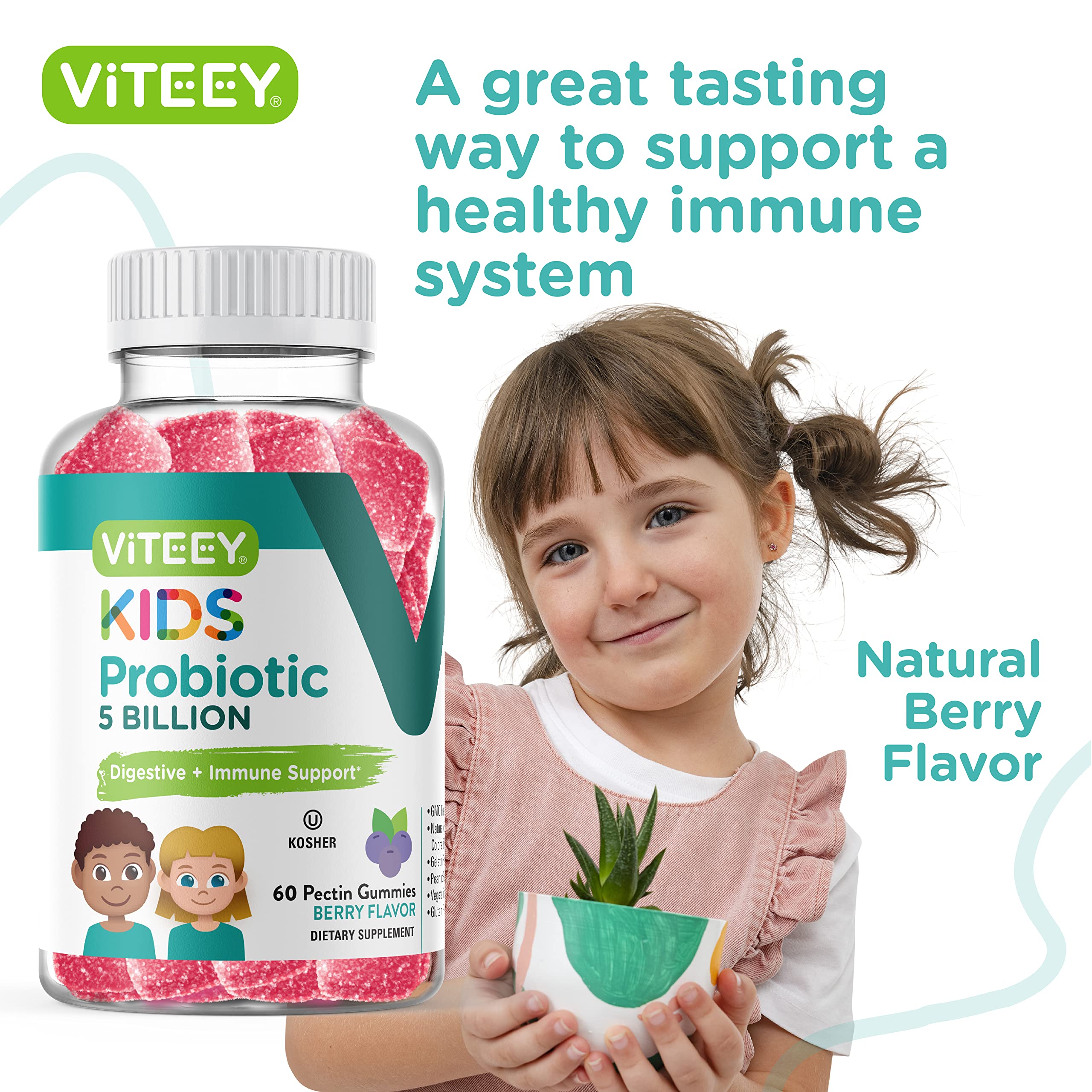 Probiotic Gummies for Kids - 5 Billion CFUs - Probiotics Kids Constipation Relief, Natural Immune & Digestive Health Support - Vegetarian, Gelatin Free, GMO Free - Tasty Chewable Berry Flavored Gummy